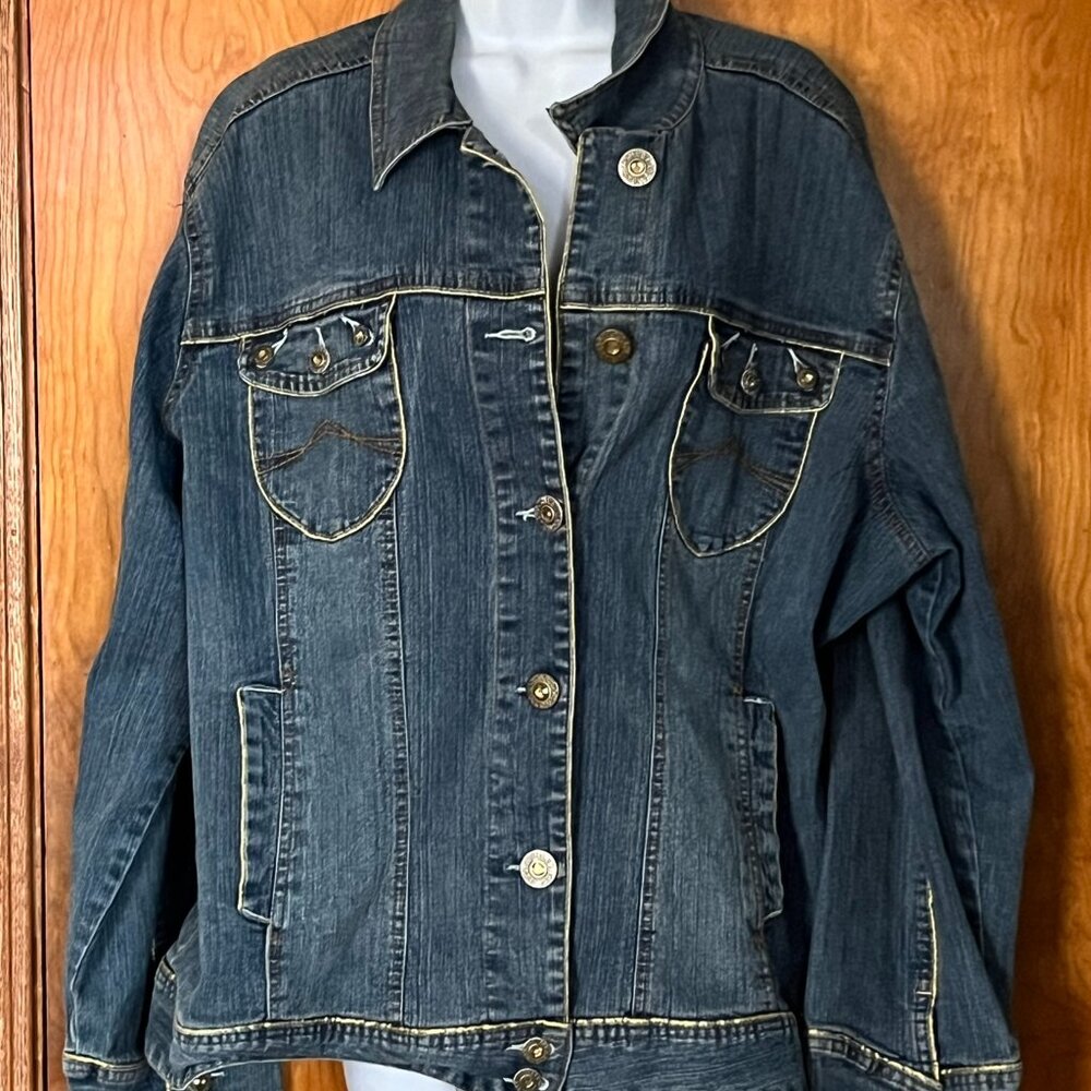 Ashley Stewart Denim jean jacket with gemstone buttons and gold trim - 18W